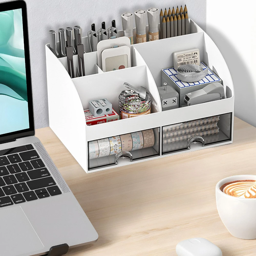 Capacity Transparent Desktop Organizer Drawer Box with 6 Compartments and 2 Drawers with Pen Holder Ideal Makeup for School Home