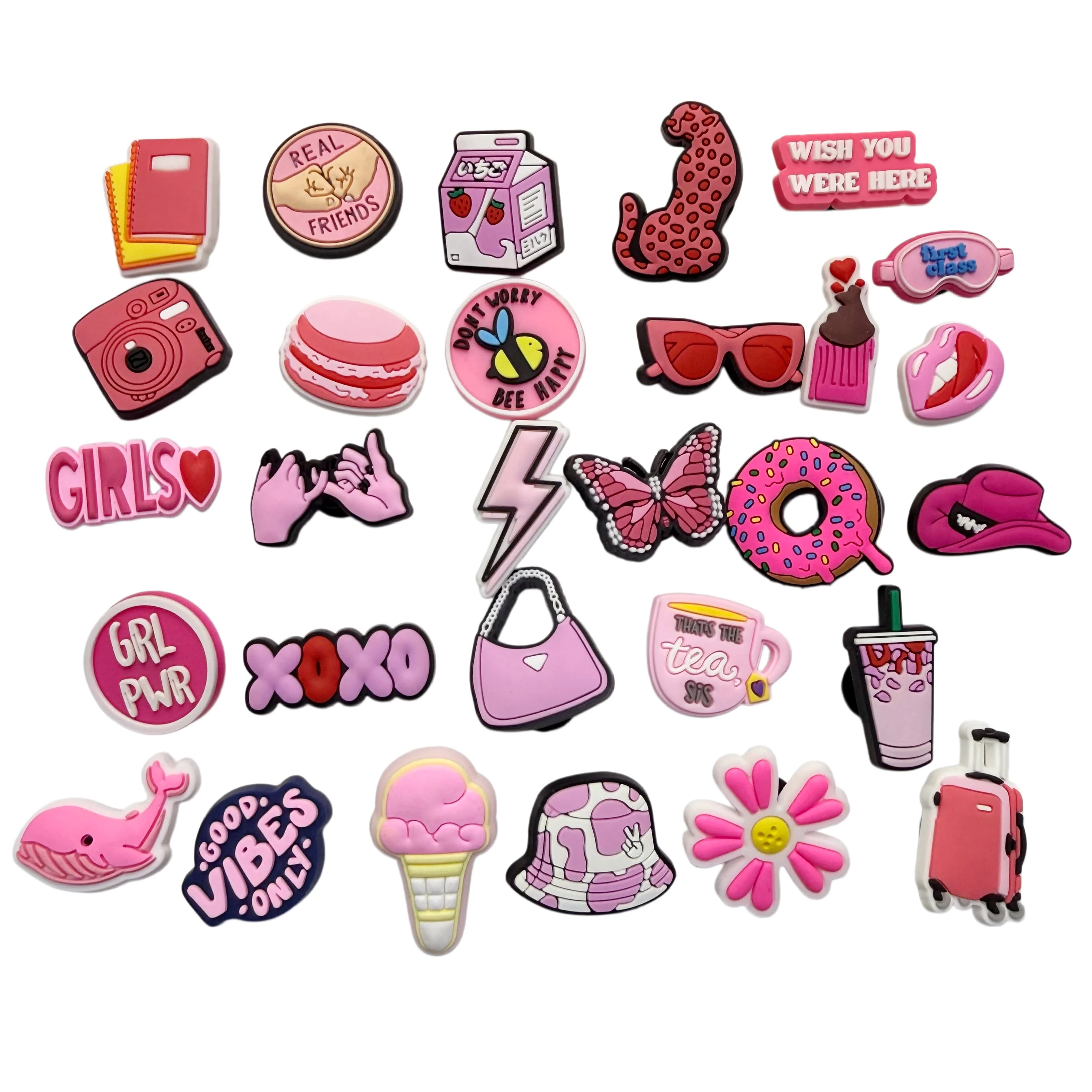 29-100Pcs Mix Pink Styles Girl Power PVC Slipper Buckle Charms Real Friends Garden Shoe Ornaments DIY Woman Phone Case
