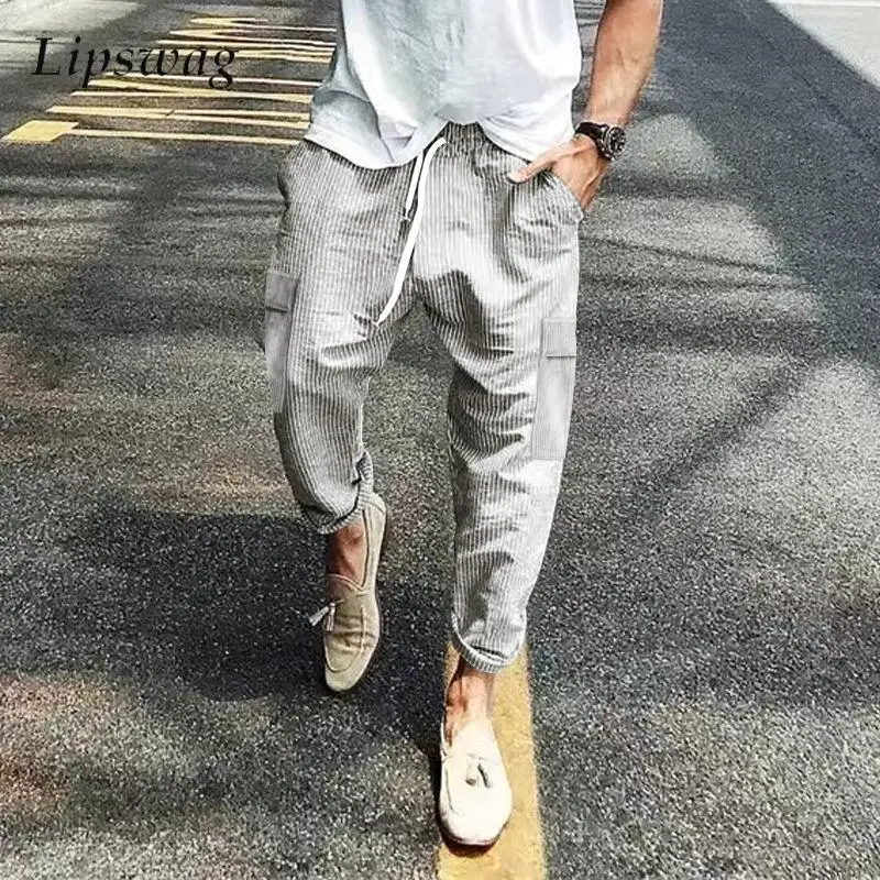 2025 Summer Trendy Corduroy Mens Cargo Pants Stylish Solid Color Loose Trousers Men Vintage Multi Pockets Texture Straight Pants