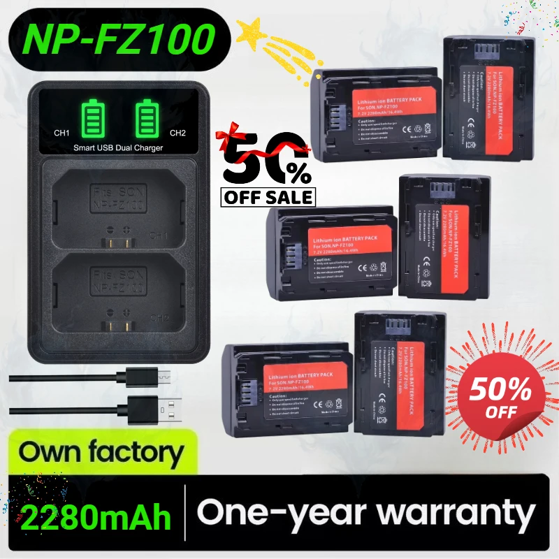 2280mAh NP-FZ100 FZ100 Battery+Smart USB Dual Charger for Sony ZV-E1 Alpha A7III A7R III A9 A6700 A6600 A7 IV A7R IV  A7M4 A7r3