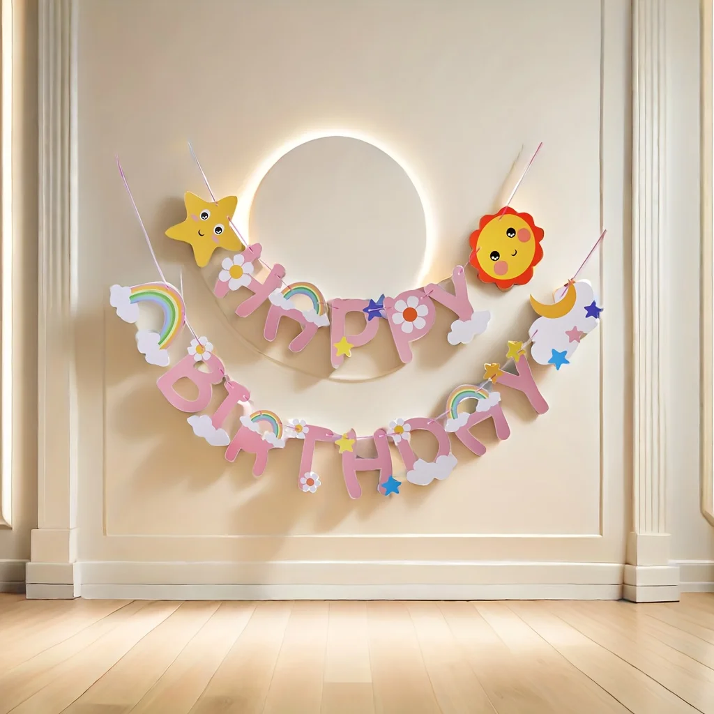 1 Set Sonnen-Regenbogen-Kuchenaufsatz, Mond-Stern-Blumen-Geburtstagsbanner, Cupcake-Topper, Party-Dekoration, Backzubehör