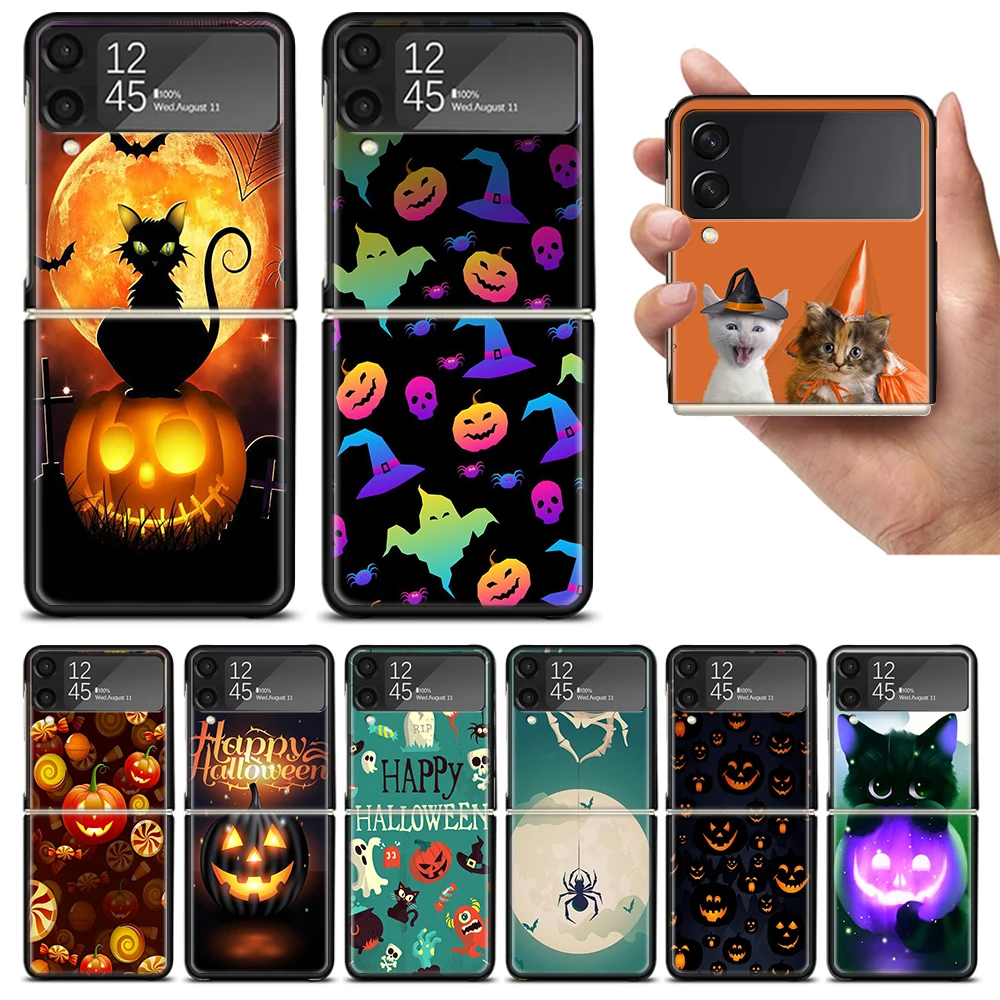 Halloween happy Holiday Cat pumpkin Zflip4 Zflip5 Phone Case For Samsung Z Flip3 Flip4 Flip5 5G zFlip 4 5 Cover Cellphone Shell