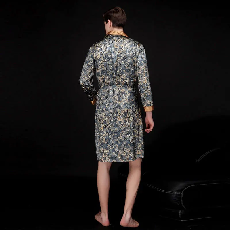 Mens Summer Paisley Print Silk Robes Male Senior Satin Sleepwear Pajamas Long Kimono Dressing Gown Bathrobe For Man