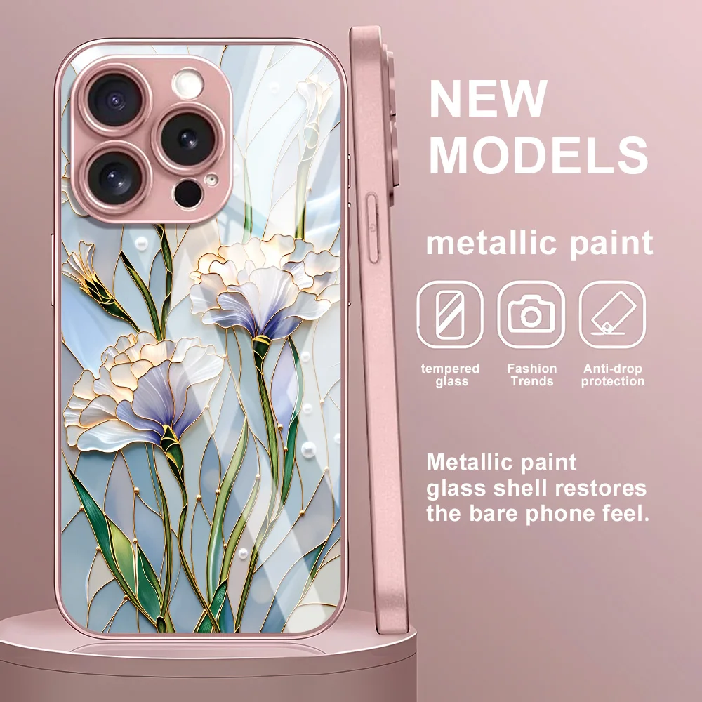 لوتس زهرة جراب هاتف آيفون 16 برو آيفون 17 14 13 11 12 15 برو ماكس الهواء 16E XR XS 8 7 زائد SE غطاء من الزجاج المقسى #6