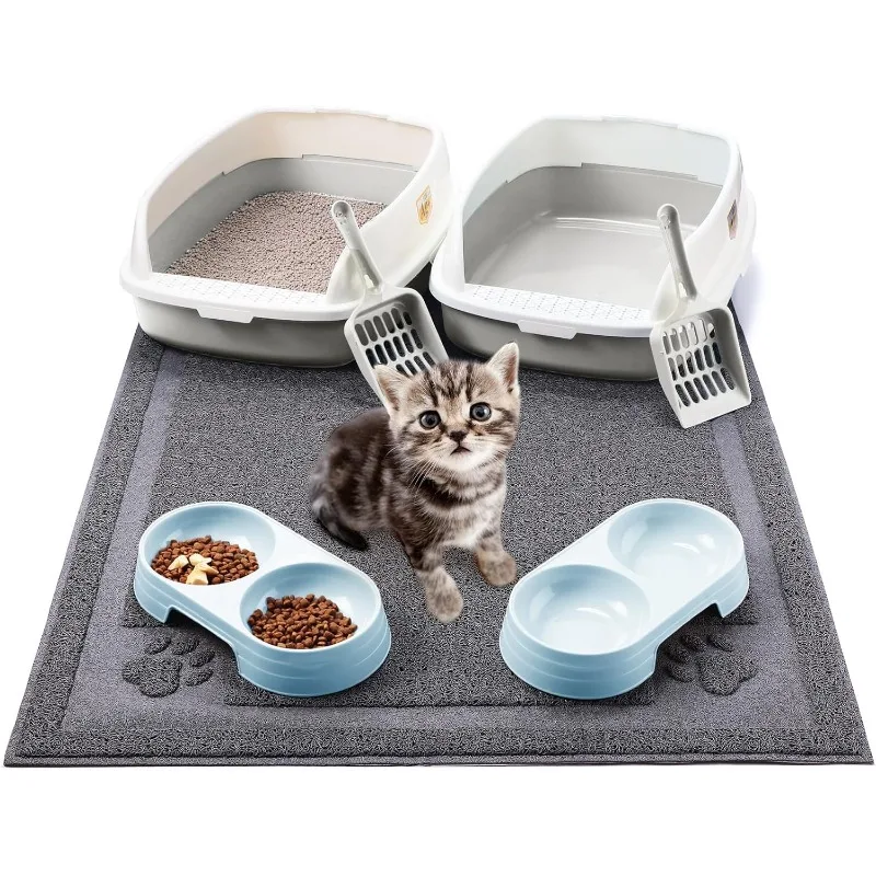 7 Pcs Kitten Litter Box Starter Kit, 2 Plastic Small Kitty Litter Box Training Low Entry Cat Litter Box with Scoop