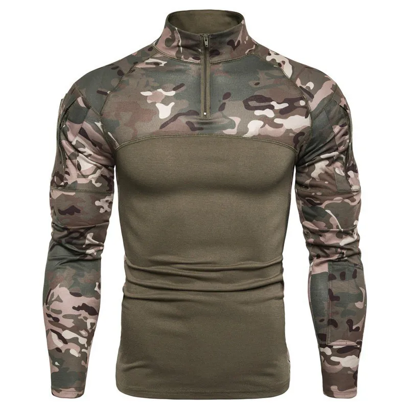 Men Outdoor Elastic Fitness Camo Patchwork Long Sleeve T Shirt Y2K Mens Zip Up Pocket Gym Tactical T Shirts Ropa Hombre Camiseta