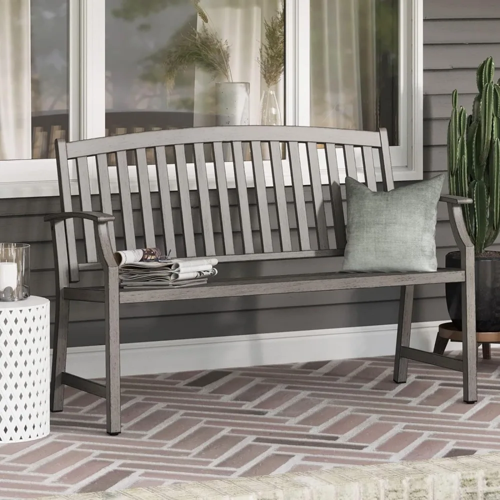 Farmhouse Outdoor Bench, Garden Benches with Anti-Rust Aluminum, Faux Wood Frame Patio for Front Porch, Weathered Gray