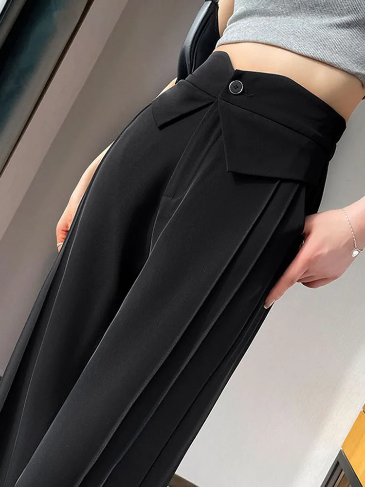 Chic Design Blue Baggy Straight Suit Pants Women Office Formal Elastic High Waist Wide Leg Pantalones Korean Loose Solid Calca