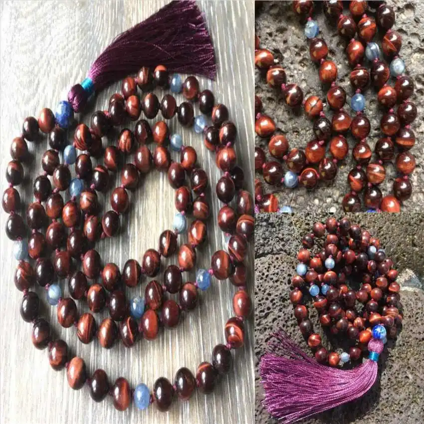 8mm Natural Red Tiger Eye 108 Beads Tassels Necklace Bridal Tranquility Spiritual Healing Fashion Yoga Rustic Stone Mala