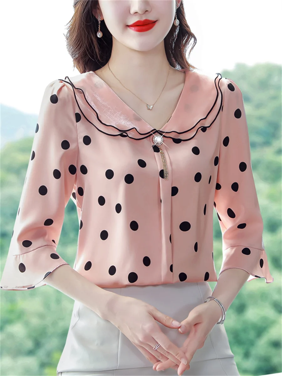 Women Spring Summer Blouses Shirts Lady Fashion Casual Half Sleeve Ruffles Collar Polka Dots Blusas Tops CT0216