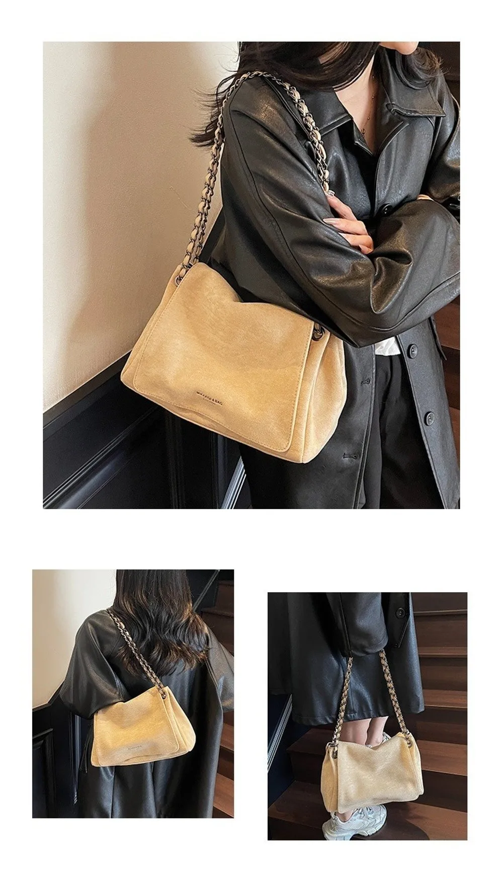 Elegante Retro Damen Schultertasche aus Wildleder, Große Kapazität, Handtasche, Umhängetasche, Einfarbig, Ketten-Unterarmtasche, Herbst Winter – Detail 5