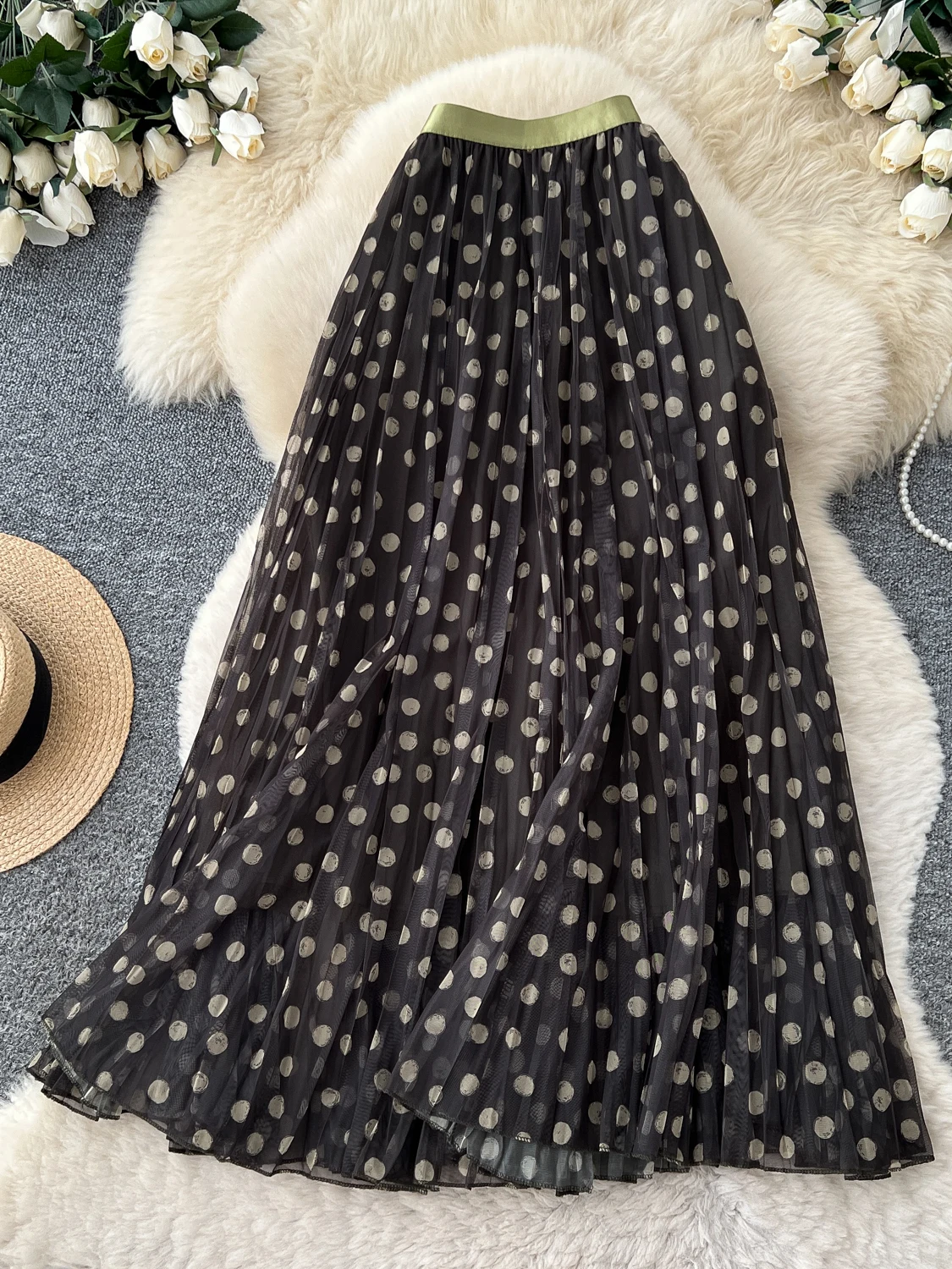 Retro Polka Dot A-Line Midi Skirt Women's High Waist Slimming Commute Versatile Patchwork Mid-Length Skirt Women's Autumn Wear