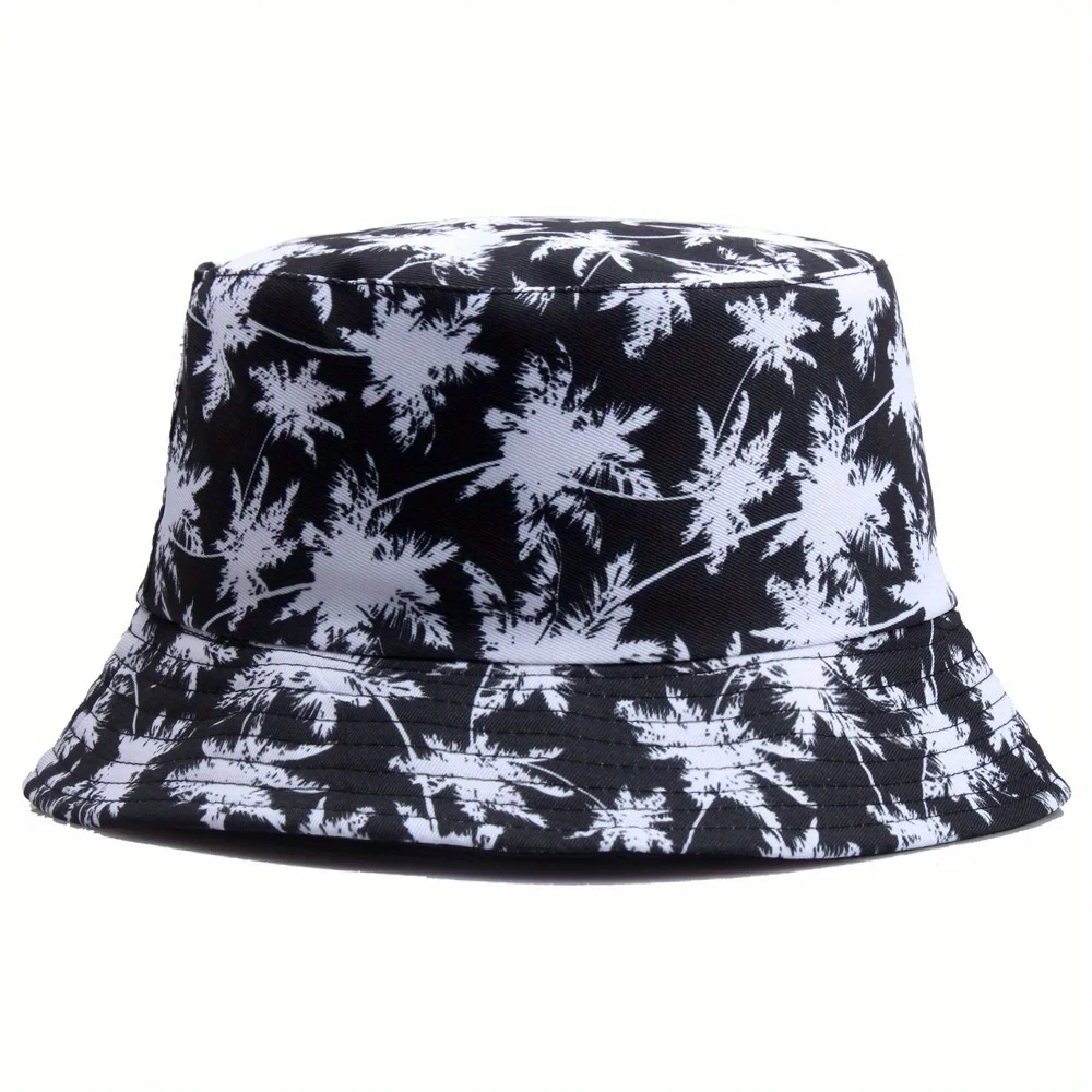 Reversible Maple Leaf Coconut Tree Printed Bucket Hat New Fashion Fisherman Cap Unisex Outdoor Travel Sunscreen Panama Cap