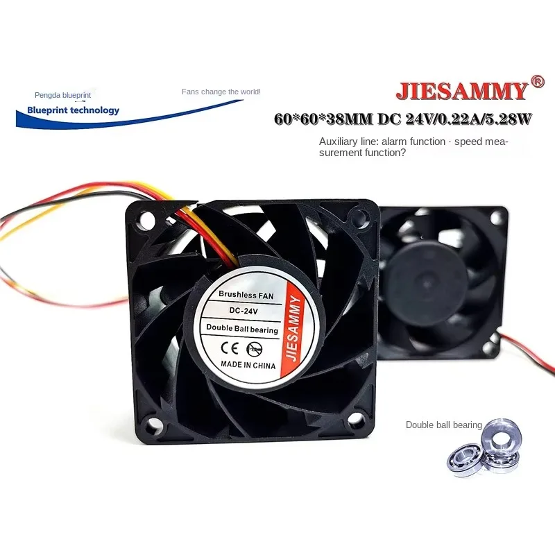 pa  Jiesammy 6038 6cm Double Ball 24v0.22a Alarm Speed Measurement Function Frequency Conversion Cooling Fan 60*60*38MM