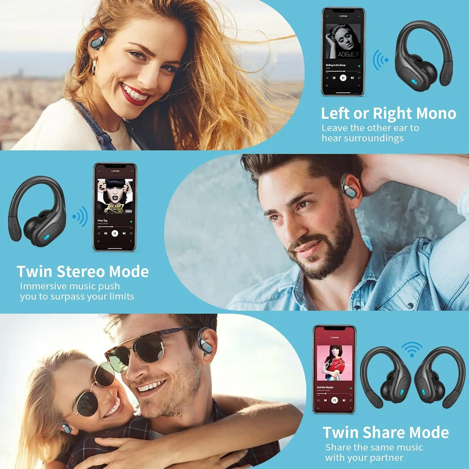 หูฟังบลูทูธหูฟังไร้สายหูฟังสเตอริโอปุ่มควบคุมชุดหูฟังกันน้ำลดเสียงรบกวน TWS พร้อมเอียร์บัดกีฬาไมค์ HD