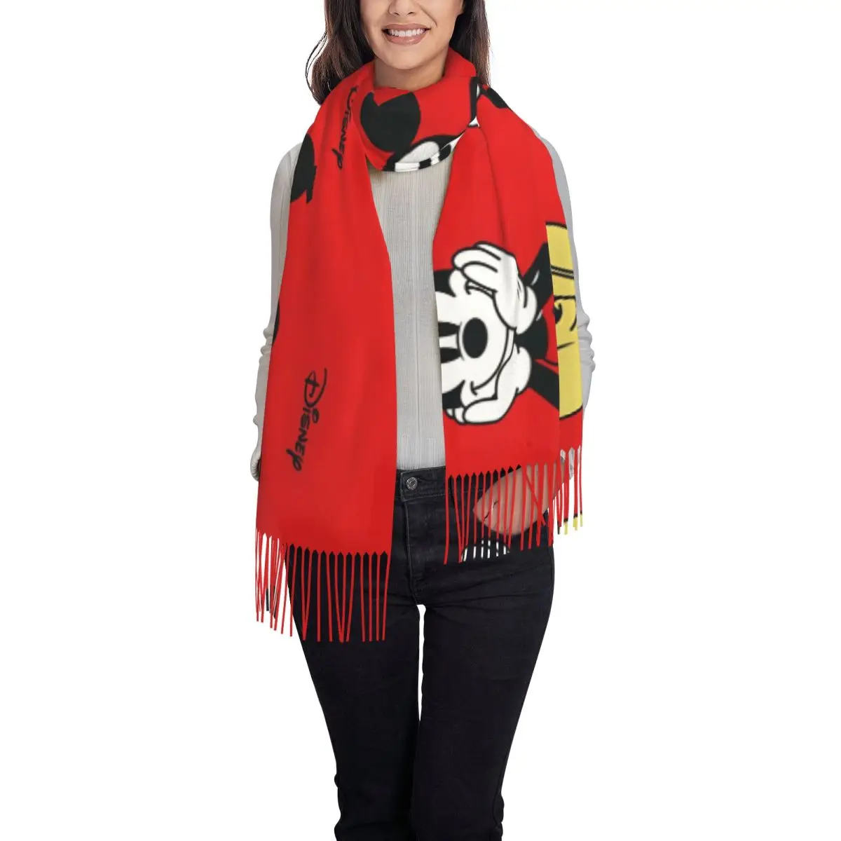 Mickey Mouse Cartoon Scarf Ladies Headwear Scarves with Long Tassel Winter y2k Funny Shawl and Wrap Warm Soft Custom DIY Foulard