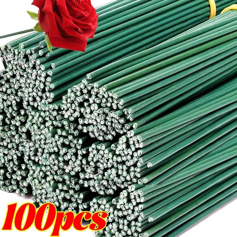 50/100pcs Artificial Flower Stems Bendable Iron Wire Rose Flowers Head Stick Rods Stem with Floral Tapes DIY Wedding Party Decor