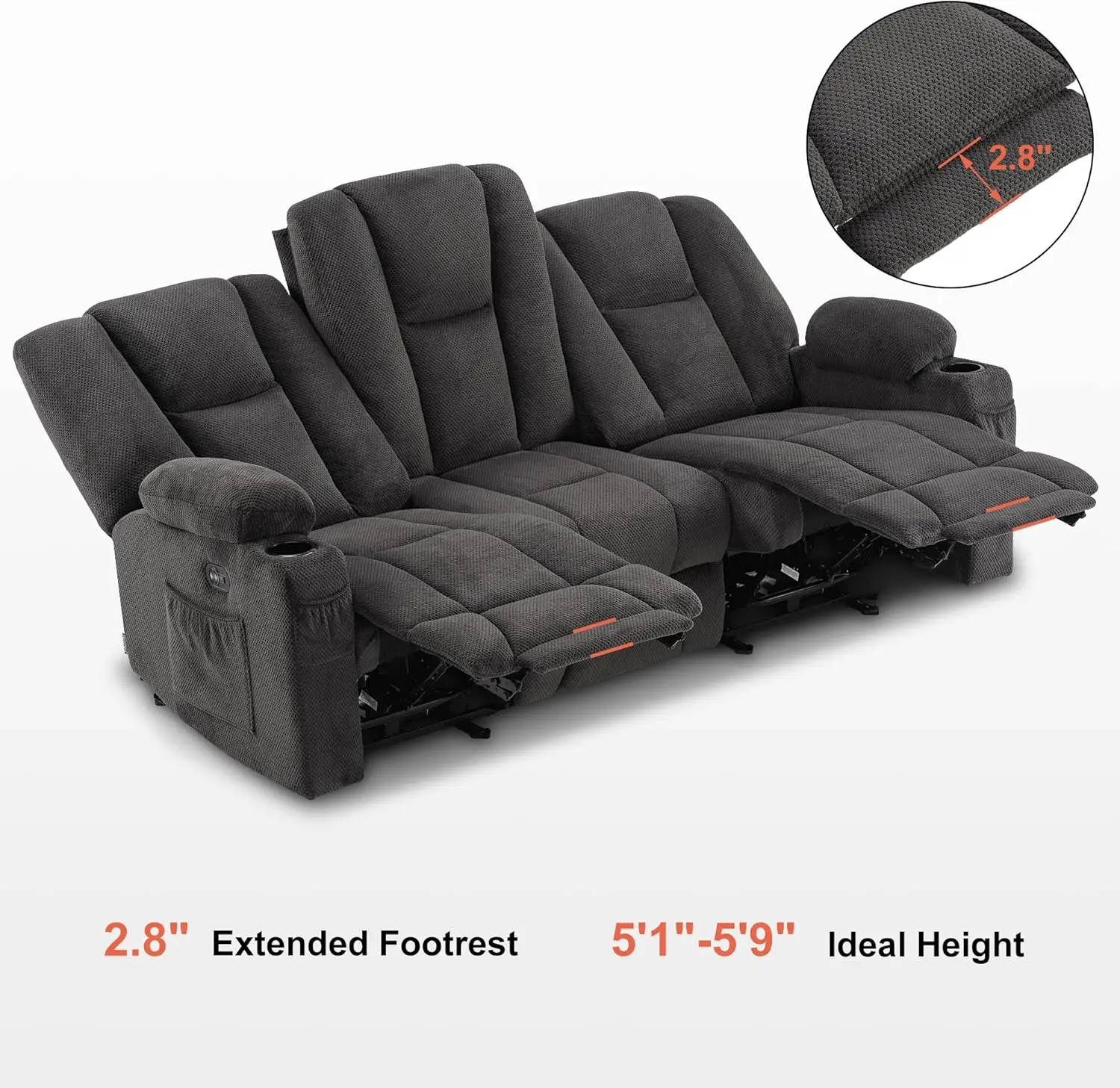 MCombo Power Reclining Sofa with Heat and Vibration,USB Ports, Cup Holders,3-Seat Dual Recliner Sofa for Living Room 6015 (Gray)