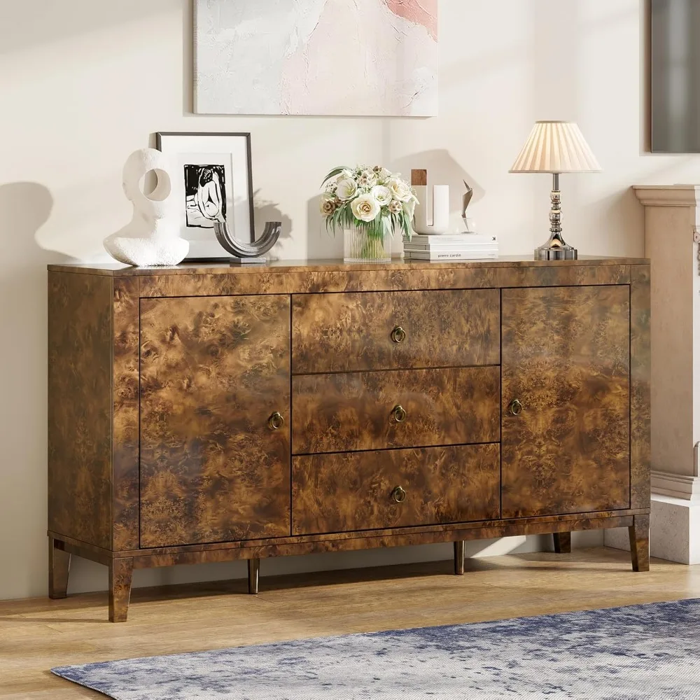 

60'' Burl Wood Buffet Sideboard, High Gloss Storage Cabinet with 3 Drawers & 2 Closed Cabinets, Mid-Century Modern Buffet Table