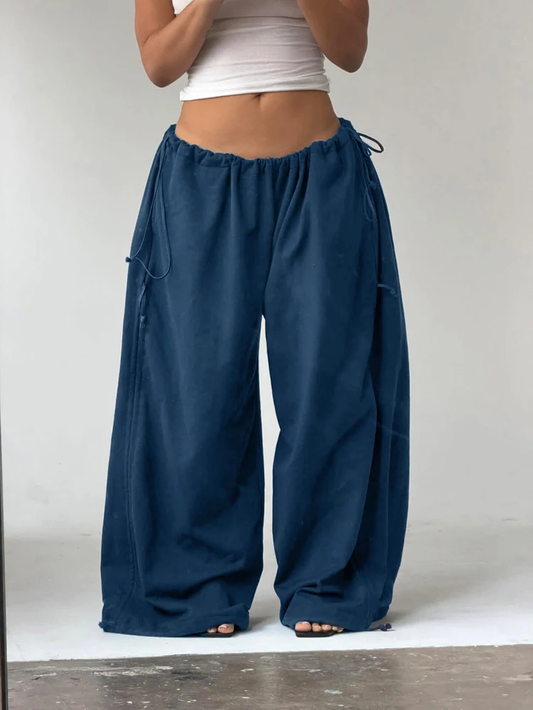 Damen Y2K Baggy Weite Hose mit Elastischem Bund und Verstellbarem Kordelzug, Lässige Lose Bodenlange Hose, Streetwear, Übergröße – Detail 9