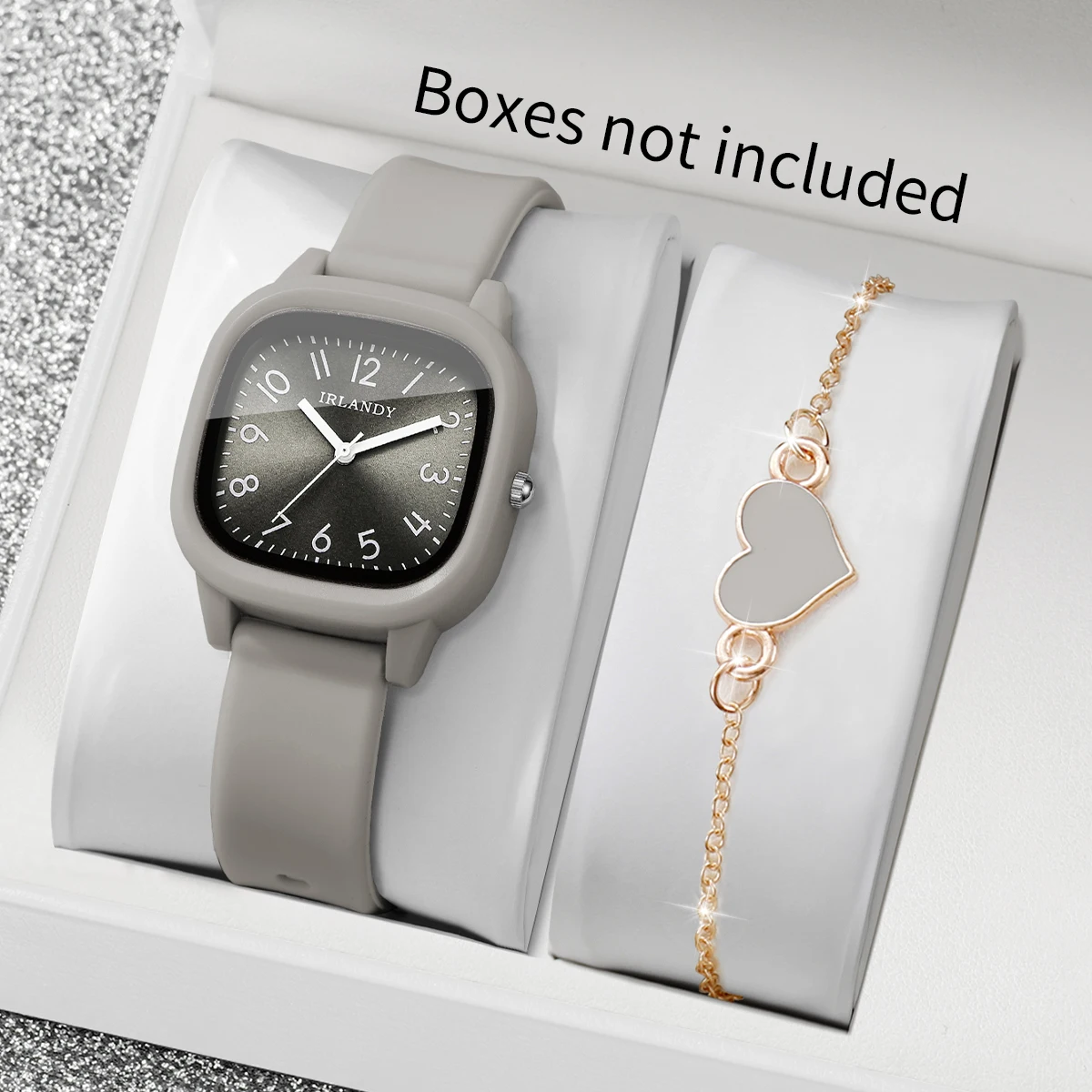 2PCS Fashion Women Watch Heart Bracelet Set Casual Square Arabic Silicone Strap Wristwatch Relogio Feminino (Without Box)