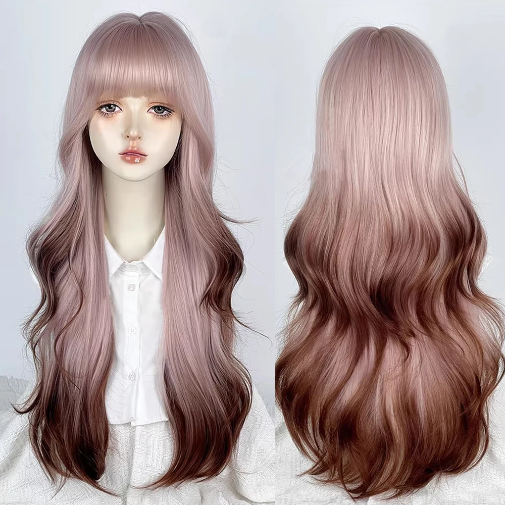 

Pink Ombre Brown Long Wavy Synthetic Wigs with Bangs Lolita Cosplay Fluffy Women Wig for Daily Party