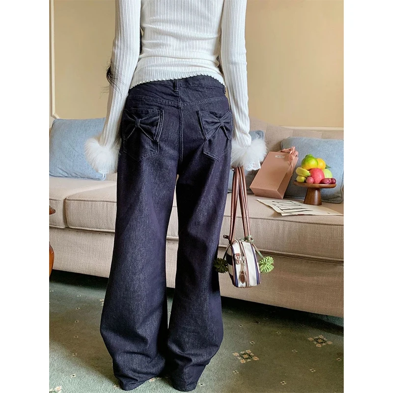 Pantalones vaqueros Y2k con diseño de bolsillo y lazo Vintage para mujer, pantalones vaqueros de pierna ancha rectos holgados Retro americanos, ropa de calle, pantalones informales