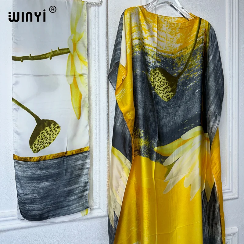 WINYI gaun panjang Maxi elegan wanita, gaun Kaftan motif leher kru abaya Afrika dubai