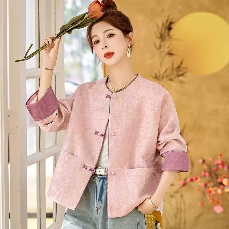 

2025 New Chinese Style Tang Suit Jacket Women Luxury Spring Jacquard Short Coat Female Elegant Casual Office Wear O-Neck Outwear