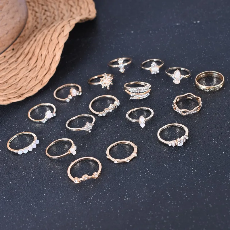 Wish foreign trade new European, American bohemian style ring 17-piece set diamond set ring jewelry