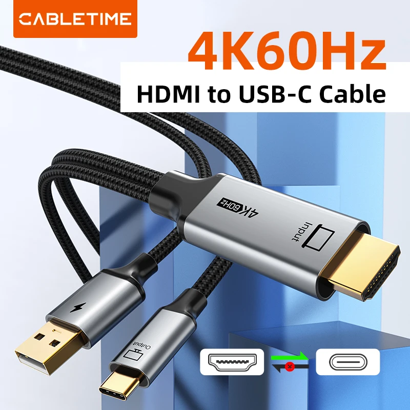 CABLETIME HDMI zu USB C Kabel Stabiles Signal 4K60Hz für Switch Nintendo PS3/4/5 mit USB Power Spielekonsole zu USB C Monitor