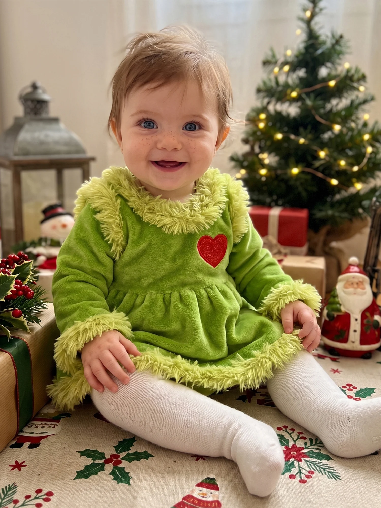 Plush Trim Bodysuit O-Neck Baby Sleeve-O Romper Dress Bodysuit Romper Dress Long Plush High Quality Baby Girl Christmas