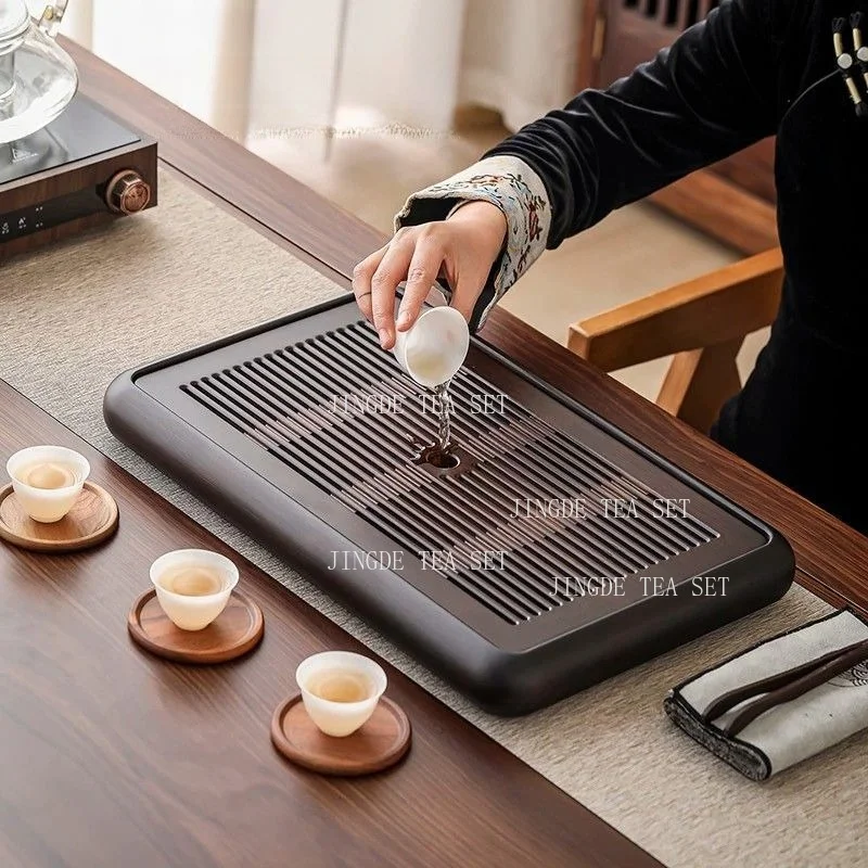 Retro Dark Solid Wood Tea Tray Detachable Hidden Water Storage Base Linear Slit Drainage Surface Large Capacity Tea Trays