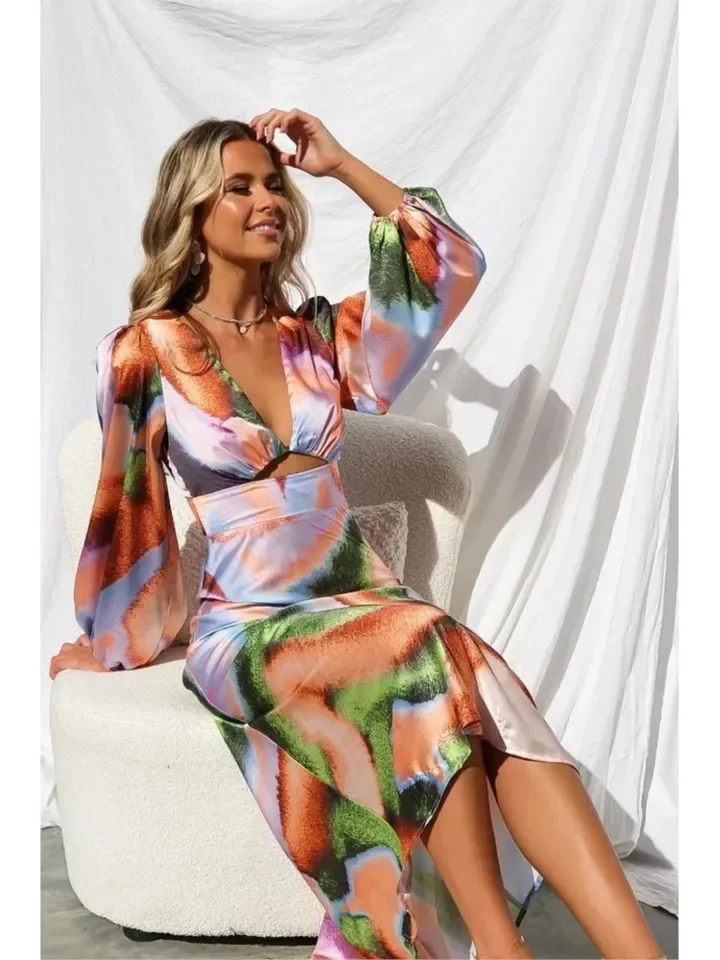 Sexy Bodycon Tie Dye Gedrukt Satijn Lange Feestjurken Voor Vrouwen Lange Mouw Diepe V-hals Hollow Out Slim Prom Dress Vestidos 2023