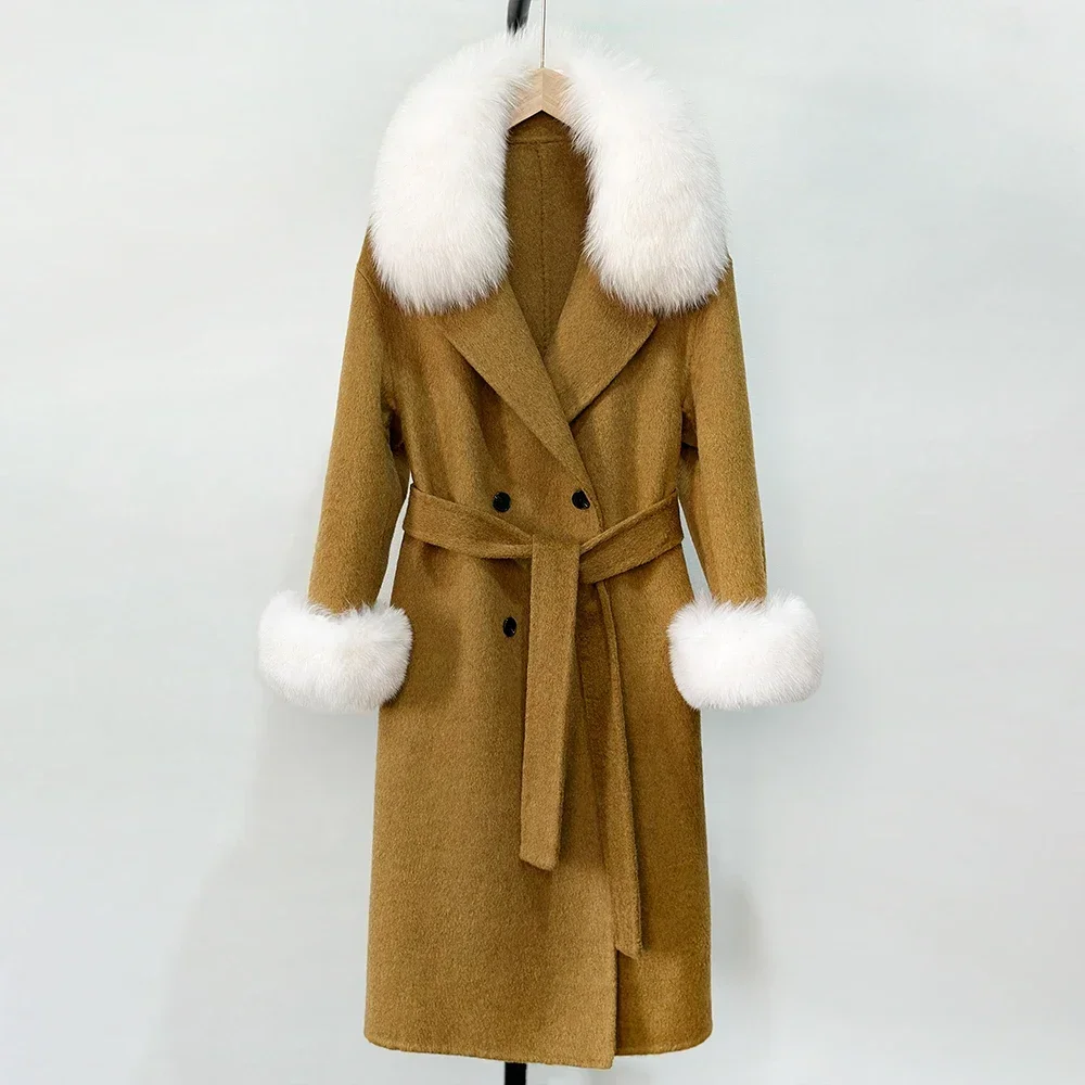 

Elegant Women Natural Real Fox Fur Collar Woolen Jacket Fashion Autumn New Winter Cashmere Wool Blends Fur Jacket Outerwear Coat
