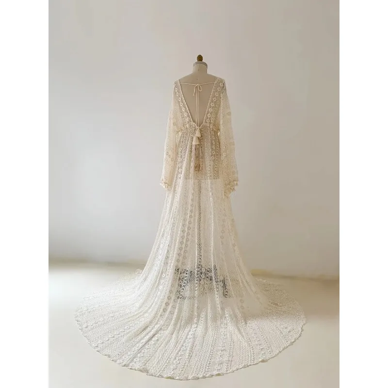 Bohemian Photo Shooting Pregnancy Dress Cotton Thread Lace Embroidery Transparent Mesh Elegant V-neck Long Sleeved Dress For Wom