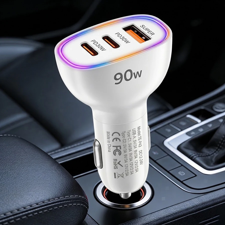 Fast Car Charger 90W 3 Ports Multi USB C PD 30W and USB A QC 30W Automobile Power Adapter with Glowing Ring For Smart Devices