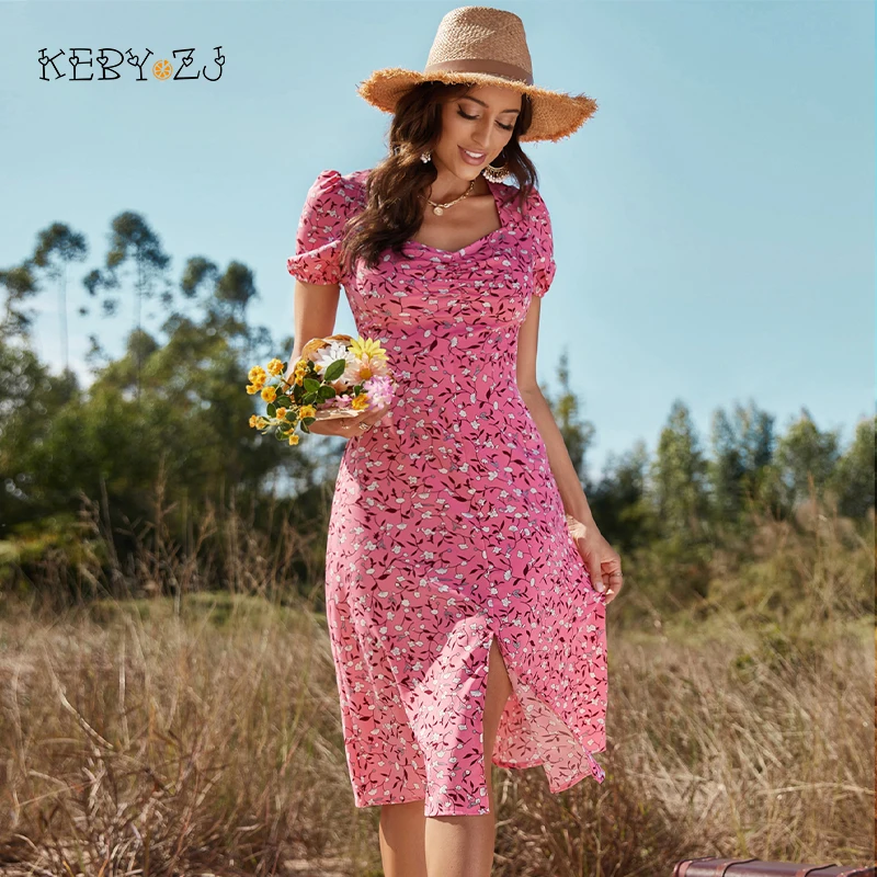 

KEBY ZJ Summer Long Dress Women Clothing Casual Slim A-line Short Sleeve Floral Print Side Slit Midi Dresses Female Party Dress