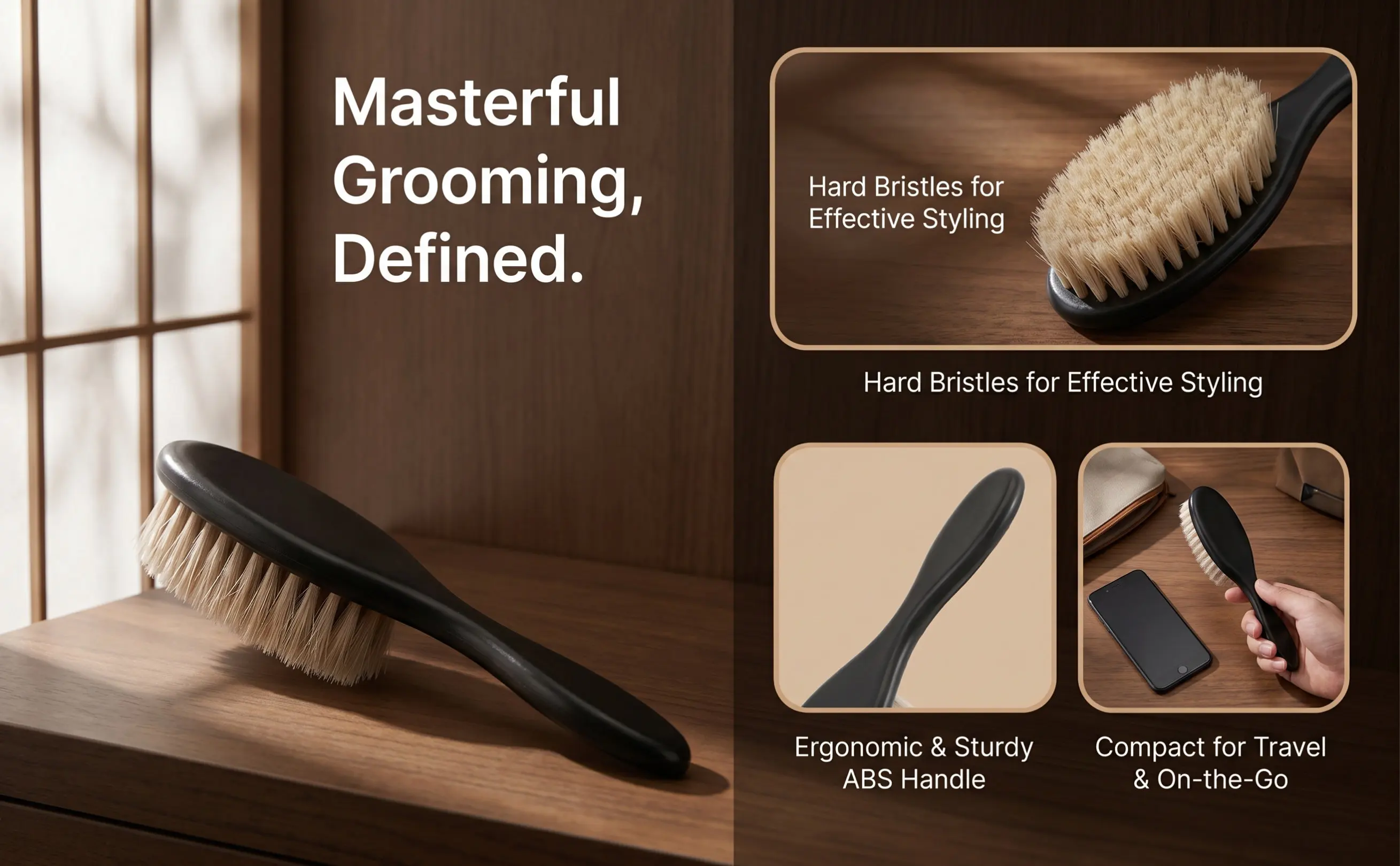Salon Beard Brush Professional Bristle Grooming Brush for Men Hair Beard Sweep and Scalp Cleaning Lightweight Travel Barber Tool
