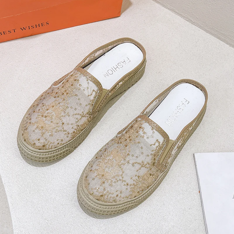 Baotou Half Slippers Women Shoes Summer Mesh Platform Breathable Shoes for Women Beach Shoes Hot Selling Slip-on Women Slippers