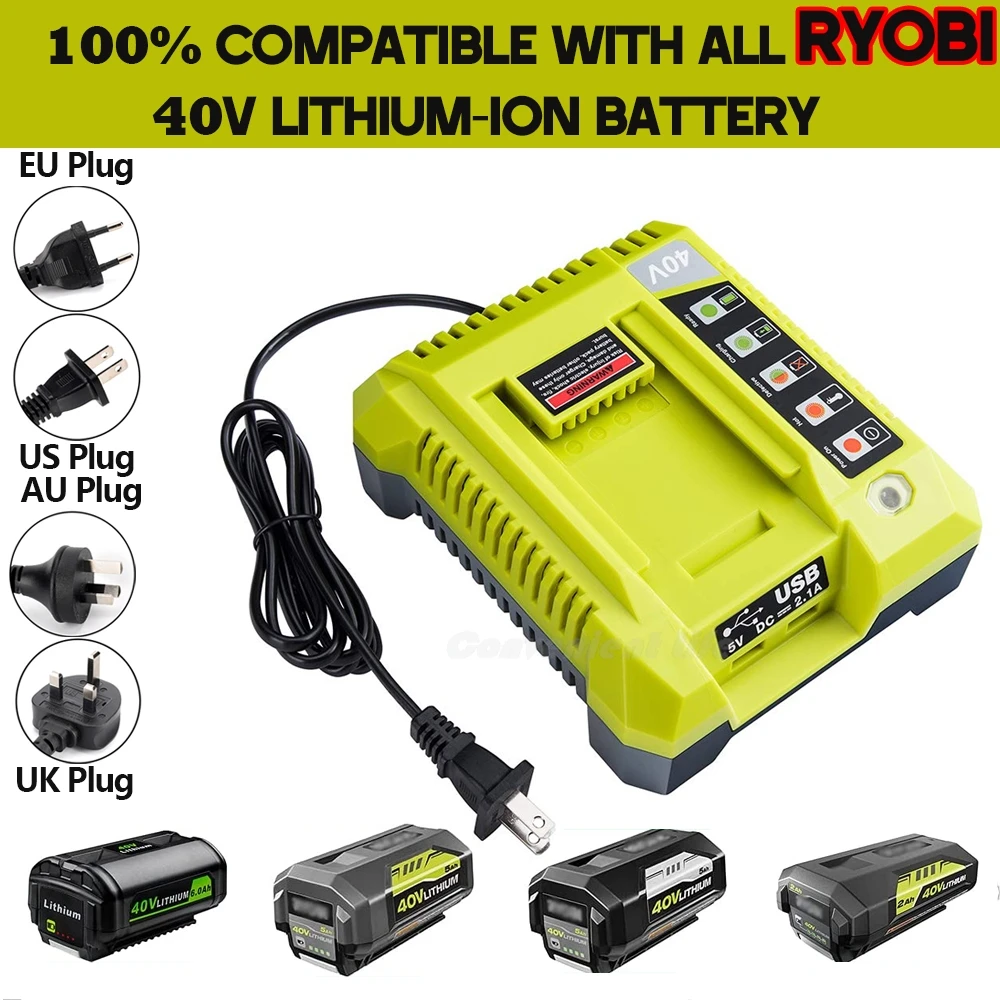 

40V Charger for Ryobi Battery OP401 Lithium-ion Battery Charger Compatible With All Ryobi 40V Lithium-Ion Battery 2 USB Ports