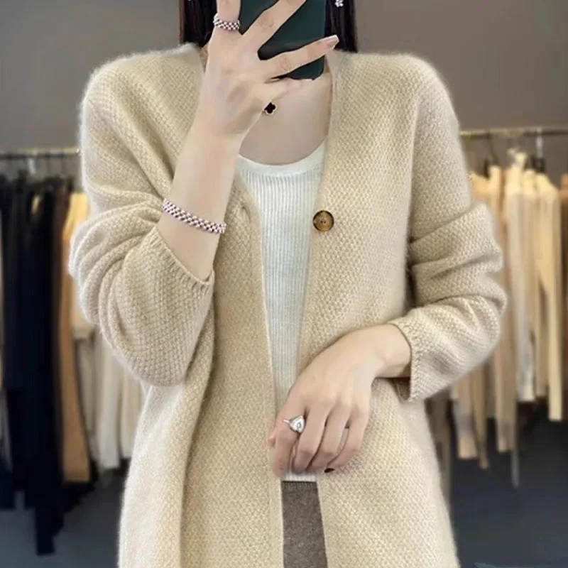 Cashmere Cardigan Sweater for Loose Casual V-Neck Women A Button Autumn Winter New  Solid Color Soft Knitted Woolen Top 2024