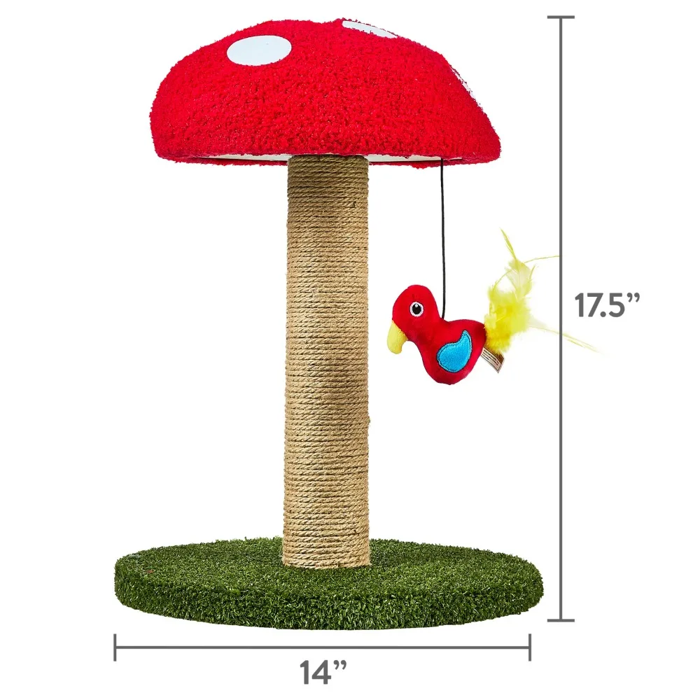 

Deluxe Jute Mushroom Cat Scratching Post with Dangling Bird Toy, Multicolor, Fabric-covered mushroom top feels good on the paws