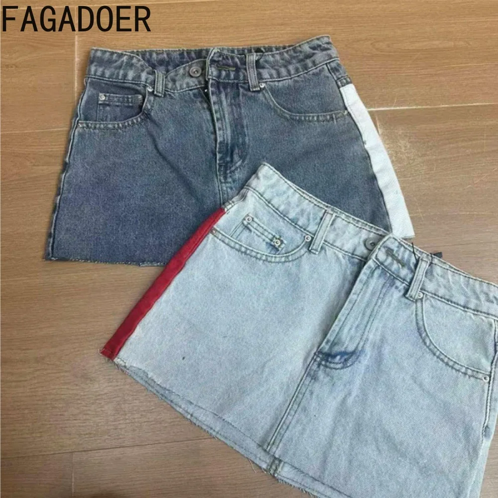 FAGADOER Y2K Women Denim Mini Skirts Summer Streetwear Color Block Number Patchwork Low Waist Frayed Hem Ultra Short Skirts New