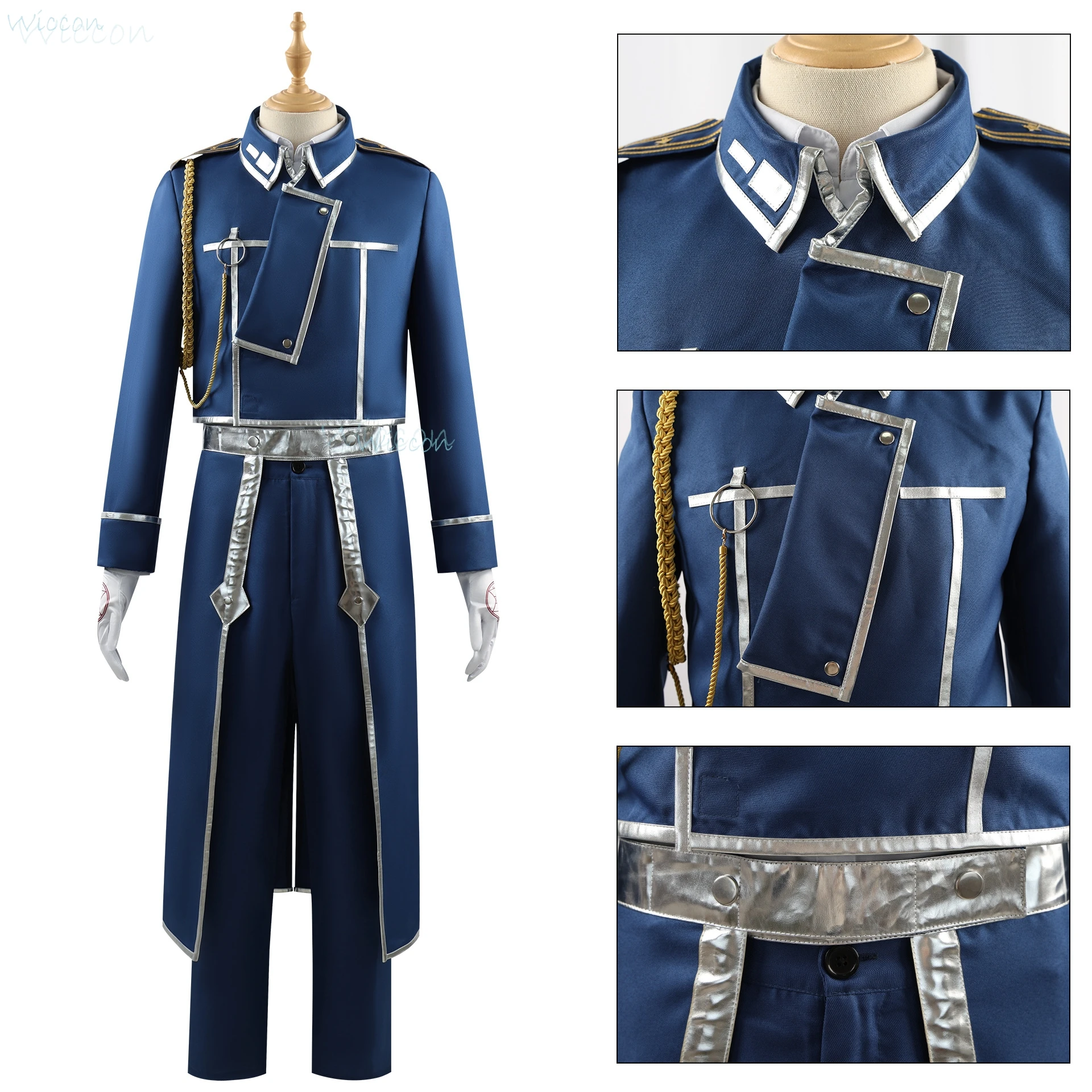 ชุดคอสเพลย์อะนิเมะ Roy Mustang Riza Hawkeye ชุดชุดคอสเพลย์ผู้หญิงชุดต่อสู้สีน้ำเงินชุดสูทสำหรับผู้ชายถุงมือเชือกเสื้อโค้ท