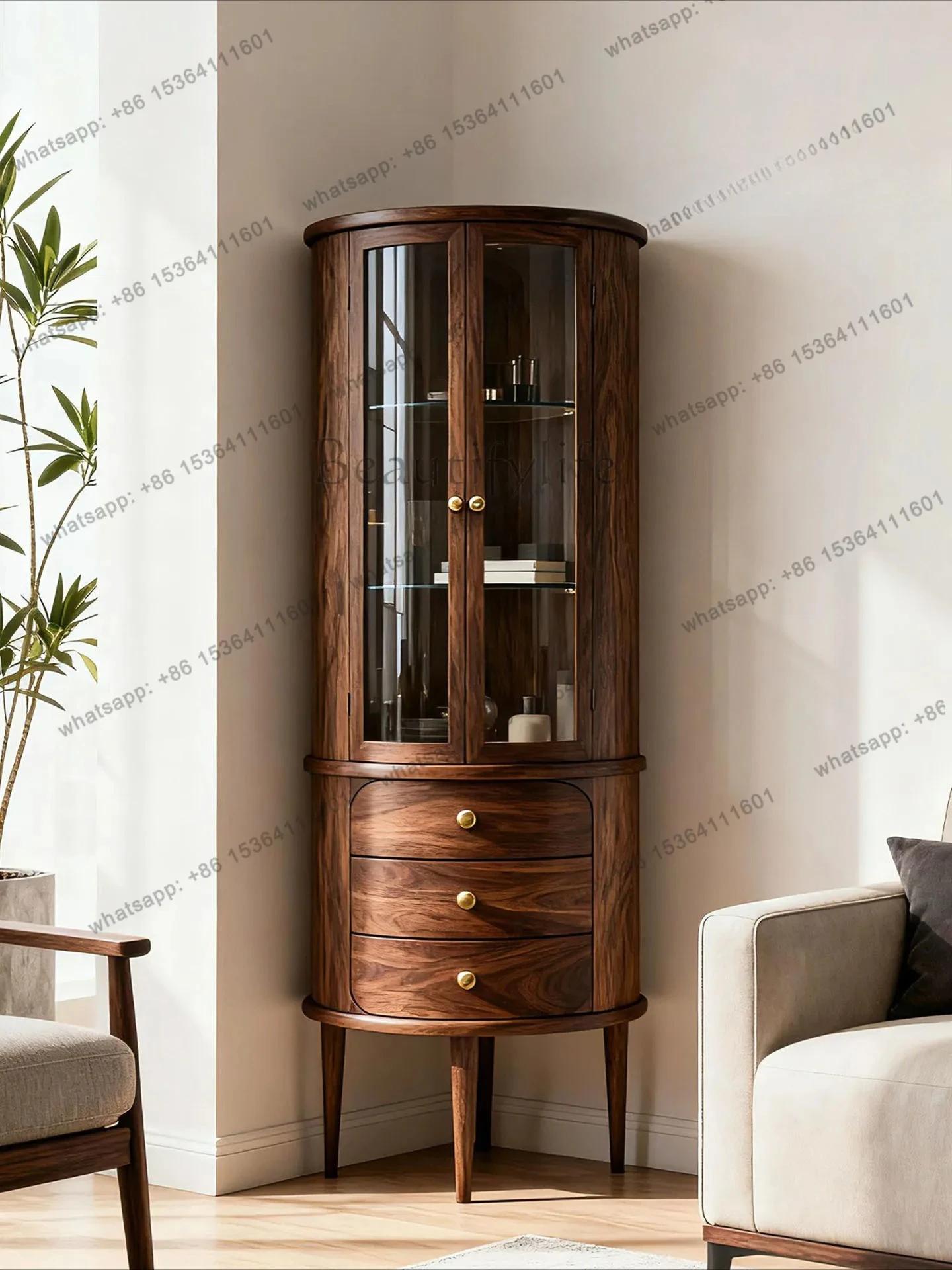 

DF New Chinese black walnut glass wine cabinet Modern simple light luxury display cabinet Living room against the wall solid