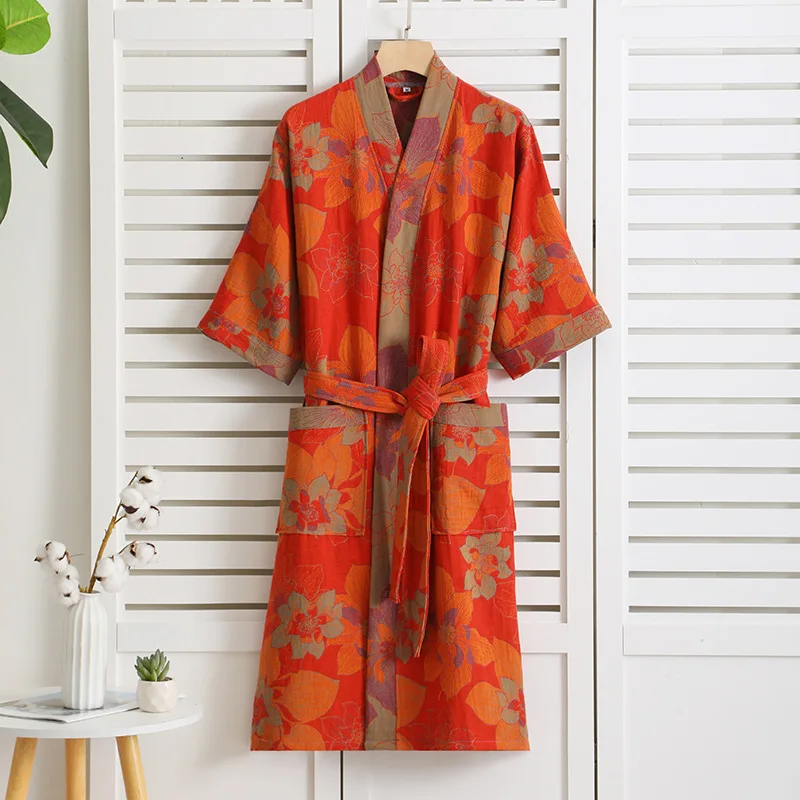 2024 Summer Couple Dressing Gown Vintage Loungewear Double Layer Gauze Bathrobe Men Shower Robe Women V-neck Kimono Sleepwear