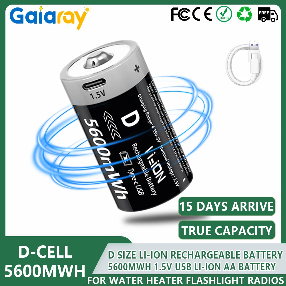 1.5V 5600mWh D Size High Capacity Rechargeable Batteries LR20 Lithium-ion D-Cell Battery For Gas Cooker Water Heater Flashlight