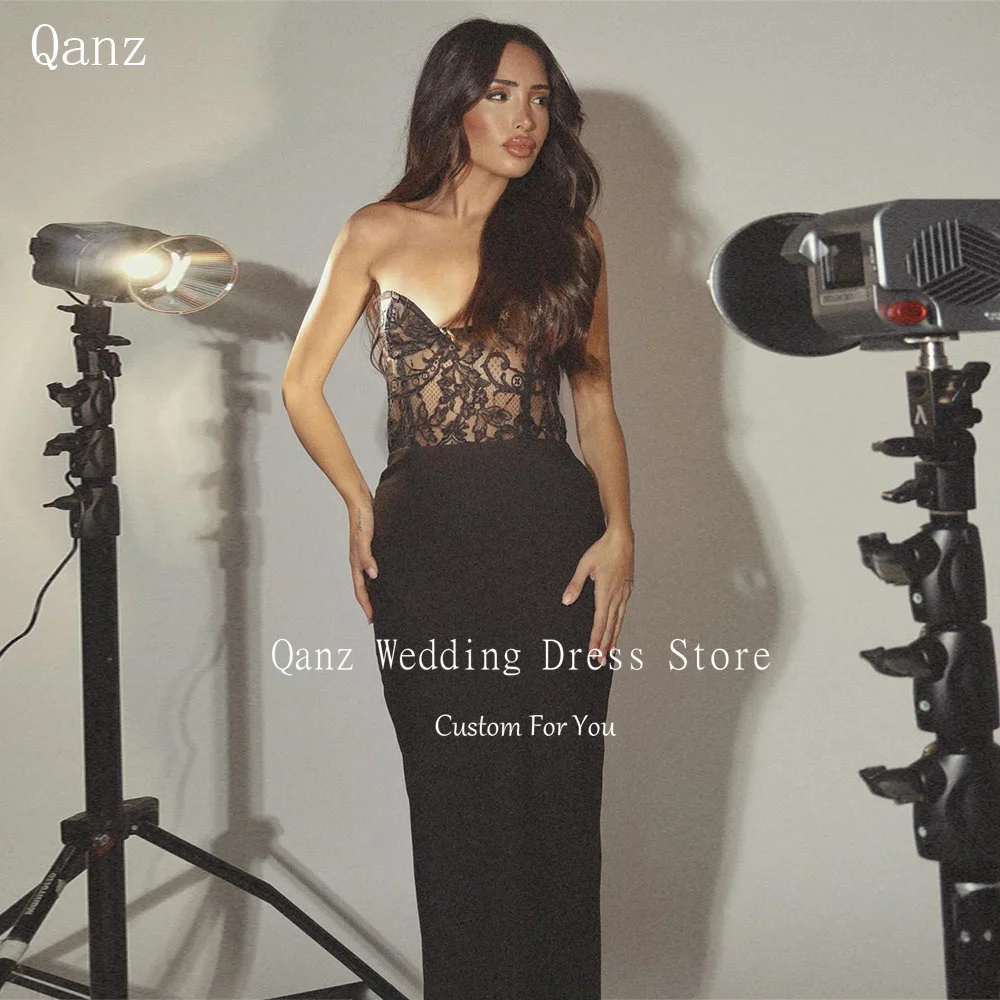 

Qanz Modern Black Lace Evening Dresses Sweetheart Illusion Mermaid Satin Wedding Guest Dresses Classy Party Prom Gown Customized
