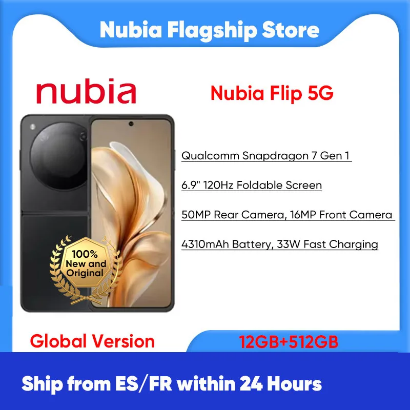 ZTE Nubia Flip Smartphone 5G 6.9 120Hz Display Snapdragon 7 Gen 1 33W Fast Charging 50MP Camera Global Version MyOS 13 Foldable Phone